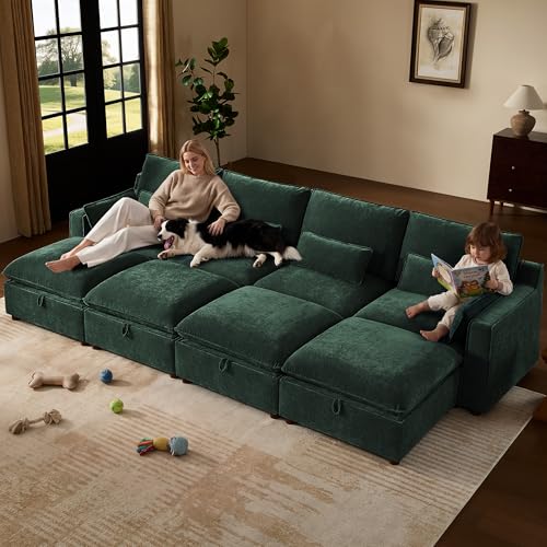 Image of WorthFurni Modern Modular Sectional Sofa,134 inch Sleeper Sofa Bed Sectional Cloud Couch with Storage Ottoman,Comfty 8 Seat Sofa for Living Room,Green Chenille