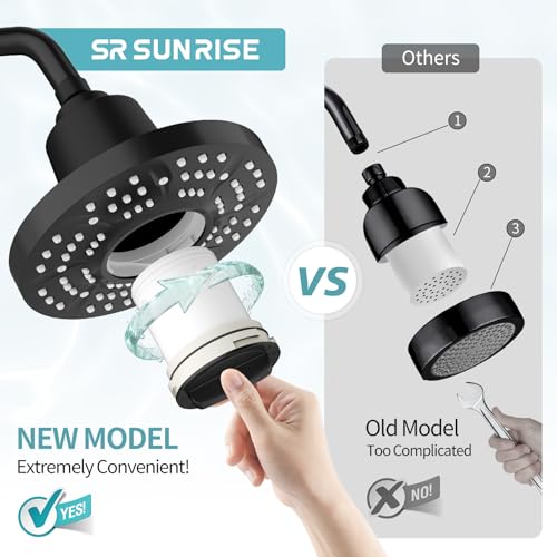 Image of SR SUN RISE Filtered Shower Head with Filters, 20-Stage Shower Head Filter for Hard Water, High Pressure Showerhead with Easy-Replace Cartridge to Remove Chlorine & Heavy Metals (7-Inch, Black)