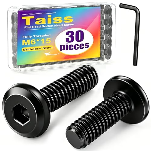 Taiss 30pcs M6 x 15mm Flat Head Socket Head Screw Furniture Bolts,Furniture Screws Stainless Steel 18-8(304),M6 Bolts Black Zinc Plated Fully Threaded,Countersunk Connector M6 Screws with Hex Spanner