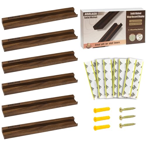 Yoolume Vinyl Wall Mount No Drill with 2 Mount Options(Adhesive & Screws) 6 Pack Solid Walnut Wood Record Display No Screws Record Shelves for Wall Album Magazine Record Shelf Vinyl Holder Wall