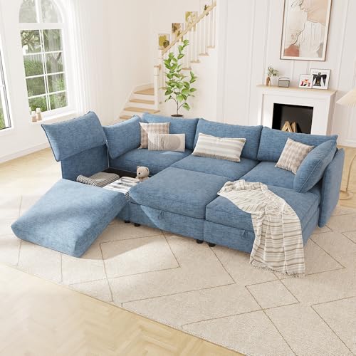 Image of 95.5 inch Chenille Modular Sectional Sofa Bed Hidden Storage, Convertible L U Shaped Sleeper Couch, 6 Seat Modern Modular Sectional Sofa with Removable Covers & Ottoman Chaise, for Living Room, Blue