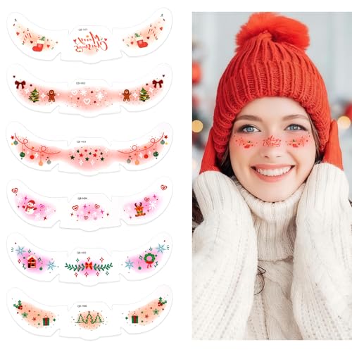 6 Stück Weihnachten Sommersprossen Tattoo, Freckles Gesichtstattoos mit Weihnachtsmotiven, Wasserfest Temporäre Tattoos für Party, Festival, Karneval und Weihnachten