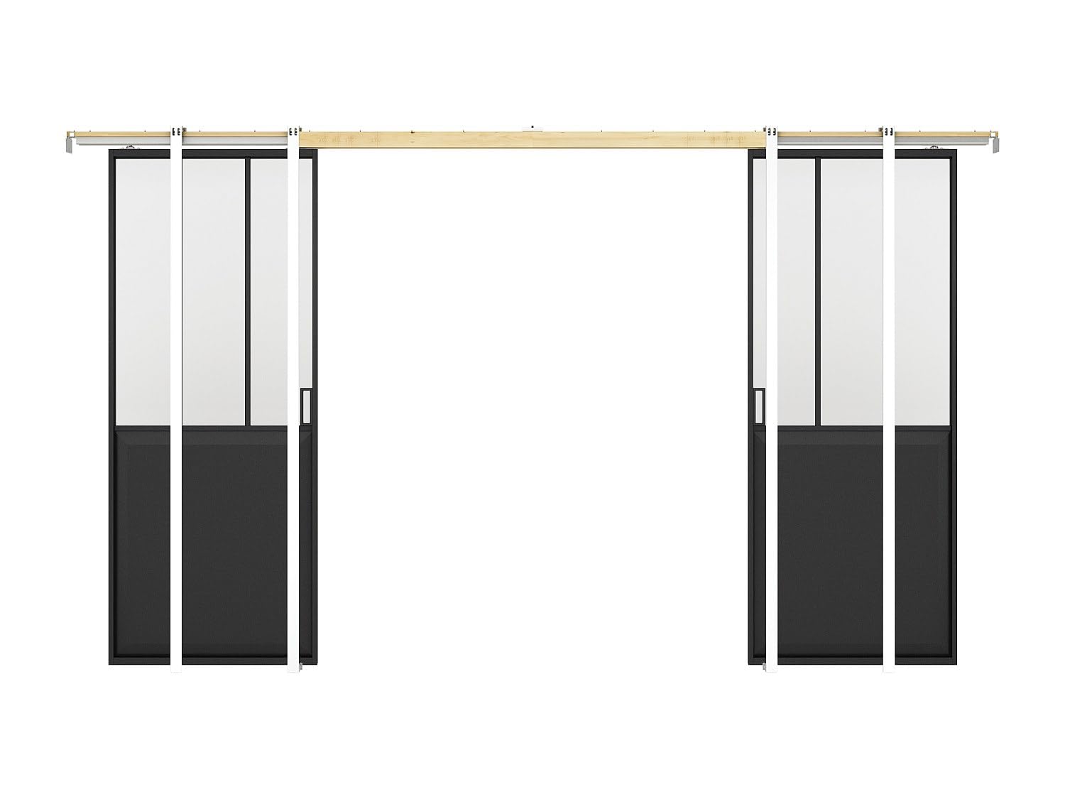 Vente-unique - Porte coulissante double atelier avec systéme à galandage - Noir et verre trempé - 2 x H205 x L83 cm - ARTISTO II