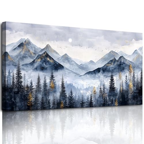 hyidecorart Tableau Decoration Murale Salon Grand, 73x146 cm XXL Impression sur Toile, Cadre Decoration Murale Forêt Brumeuse Bleu Doré, Moderne Décoration de Chambre Salle De Bain Maison Décorations