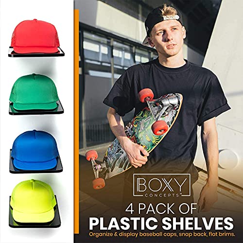 Boxy Concepts Hat Rack For Wall - Pack Of 4 Premium Hat Organizer For Baseball Caps - Hat Storage, Hat Holder, & Hanger Your Ball Caps - Plastic Wall Mountable Display Shelf With 3M Foam Adhesive Tape #TOP4