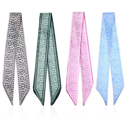 Fashion Scarves for Women 4 PCS Head Scarf Hair Neck Scarves Silky Long Thin Satin Scarfs Silk Neck Scarf Printed Scarfs Head Bandanas for Bag Hair Accessories Fashion Gifts