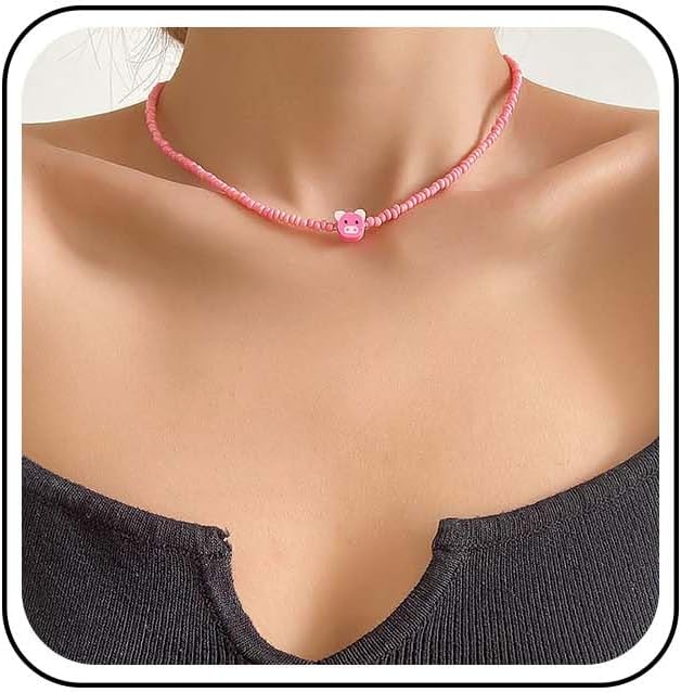 Bohemian Pig Choker Necklace Small Pink Pig Chain Necklace Pink Seed Bead Collar Necklace Minimalist Rice Bead Necklace Jewelry for Women