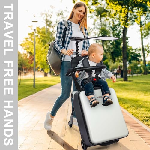 20 Inch Carry on Luggage with Seat for Kids Expandable Ride on Suitcase with Spinner Wheels and Locks for Travel (White,Sunshade Style)2
