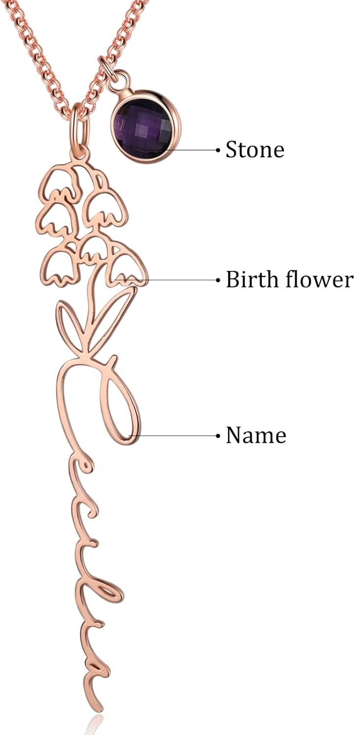 Customized Floral Birth Necklace Engraved Name Birthstone Personalized Pendant Promise Necklace for Women Girlfriend Mom Wife