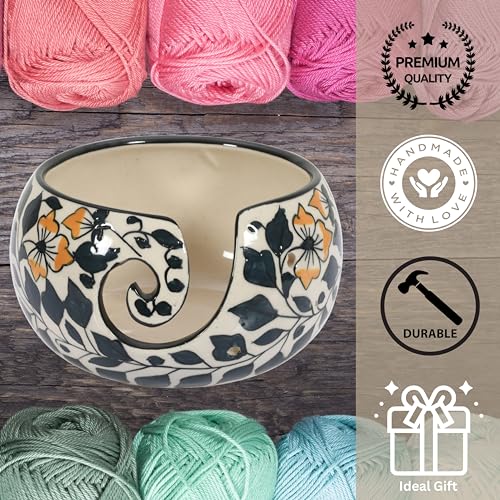 Image of WG inc Ceramic Yarn Bowl for Crochetting, Stoneware Handmade Floral Yarn Ball Holder for Tangle Free Knitting - Yarn Storage Bowl - Perfect for Crochet Accessories & Supplies