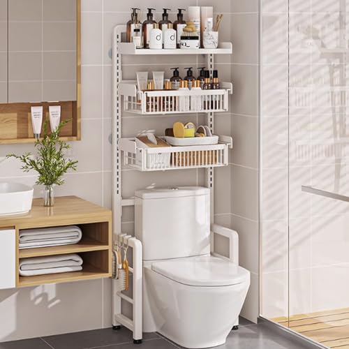 HJYBFA Mueble de baño con Estante Ajustable y Cesta, Mueble de Tres Niveles sobre el Inodoro, Ideal para el baño y el lavadero (Blanco)