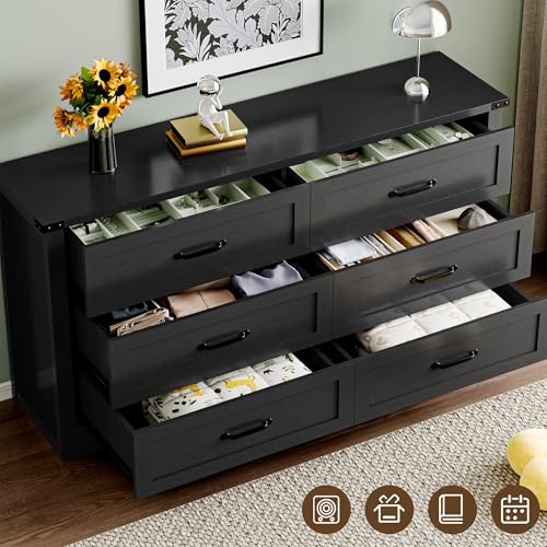 Image of BORNOON 6-Drawer Dresser for Bedroom, Modern Wooden Chest of Drawers with Metal Handles, Anti-Tipping Design, Sturdy and Stable Storage Organizer for Living Room, Entryway, Home Office