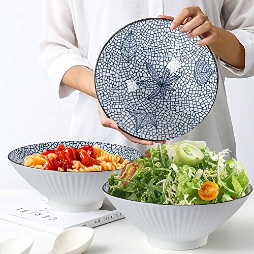 Qinlang 38 Oz Japanese Ramen Bowls, Cereal Bowls, Soup Bowls, Pho Bowls, Noodle Bowls, 8 In Blue And White Ceramic Bowls Set Of 4, Leaf Pattern #TOP1