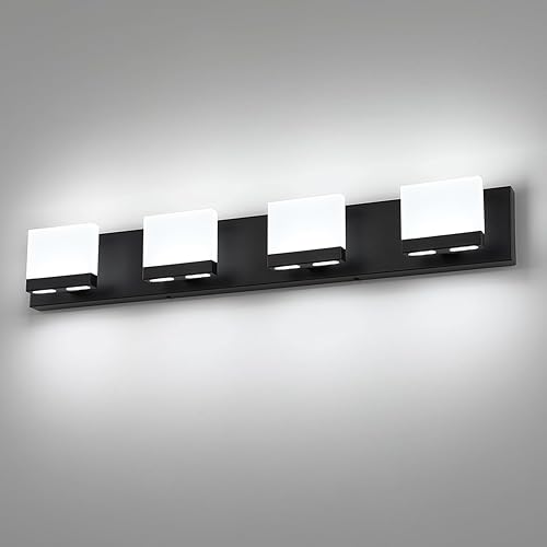 SineRise Lámparas LED modernas para tocador de baño (4 luces, 30 pulgadas, 6000 K), accesorios de iluminación de pared de acrílico moderno negro