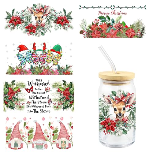 5 Sheets UV DTF Cup Wrap Christmas Theme 16oz Waterproof Rub on Transfers Cup Stickers for Crafting DIY Libby Glass Decals