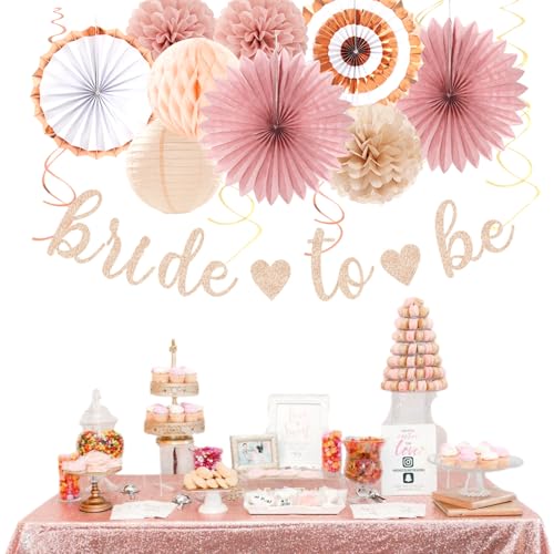 Image of Blush-Pink Rose-Gold Bridal-Shower Party Decorations - 21pcs Bride to Be Sign Banner,Bachelorette Paper Lanterns Honeycomb,Wedding Streamers Garland,Fall Tissue Pom Poms Fans Decor Supplies Burgleda