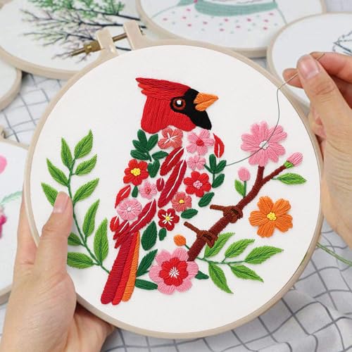 Image of Louise Maelys Cardinal Embroidery Kit, Cross Stitch Kit for Beginne | Animal Embroidery Starter Kit With Stamped Fabric, Hoop, Threads, Needles And Instructions For Adults,Easy Needlepoint