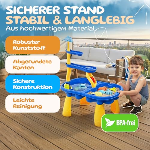 2 in 1 Sand- und Wasserspieltisch für Kinder Outdoor – BPA-frei und sicher – Wassertisch mit Zubehörset – Matschtisch für Garten, Balkon, Terrasse – Wasserspiel – Wasserspielzeug Kinder Outdoor