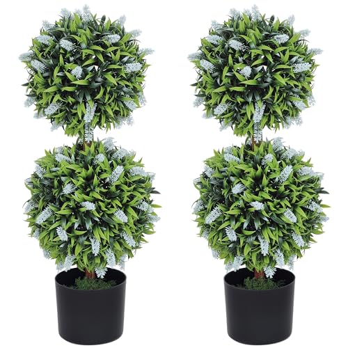 HOMCOM Set of 2 Decorative Artificial Plants Ball Trees with Lavender Flowers in Pot Fake Plants for Home Indoor Outdoor Decor, 70cm, Blue