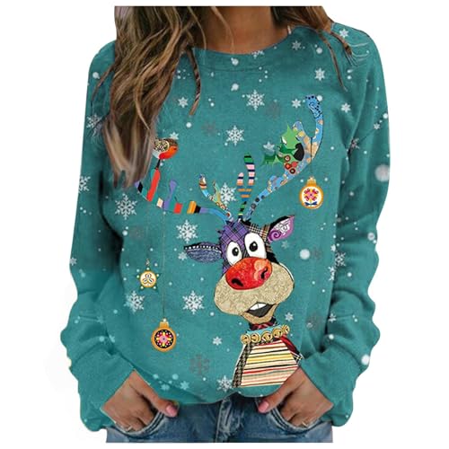 Jersey Navideño Mujer Sudadera Navidad Invierno Ugly Christmas Sweater Manga Larga Navideño Sudadera de Cuello Redondo con Estampado de Reno