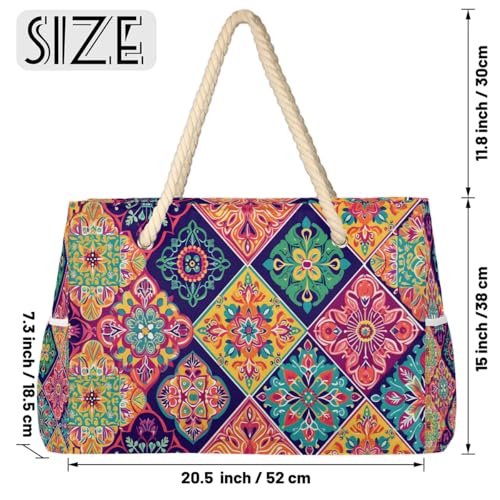 cfpolar Mexican Talavera Floral 1 Beach Bag for Women Ladies Large Beach Pool Tote Bag Sandproof Beach Tote with Zipper Gym Tote Carry On Bag Reusable Grocery Shopping Bag for Weekender Travel Daily2
