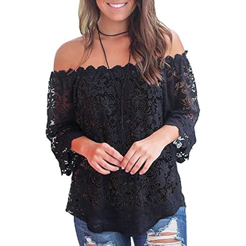 MIHOLL Women's Lace Off Shoulder Tops Casual Loose Blouse Shirts (Black, X-Large) Cover