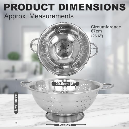 Stainless Steel Colander 20.5cm (8") - Freestanding with Round Base, Wide Twin Round Handles, Dishwasher Safe, Vegetables, Fruits, Kitchen Accessories, Pasta Filter - Image 3