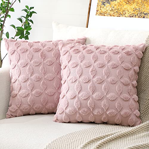 Artscope 2er Set Wolle Kissenbezüge Weicher Plüsch Kurzer Wollsamt Dekokissenbezuge Luxuriöses Sofakissen Boho Kissenhülle für Sofa Schlafzimmer Blumenmuster Rosa, 45x45cm