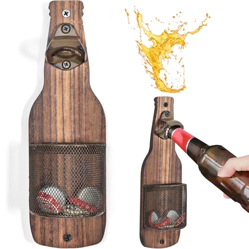 Apribottiglie da Parete, Apribottiglie Birra Legno, Cavatappi Birra con Contenitore di Raccolta, Accessori Bar Esterno, Ristoranti,Bar,Buon Regalo per Padre e Amici