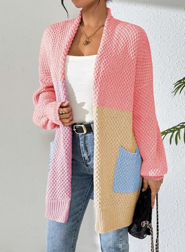 Pink Queen Women 2025 Fall Oversized Sweaters Cardigan Lantern Sleeve Chunky Knit Outwear Coats with Pockets4