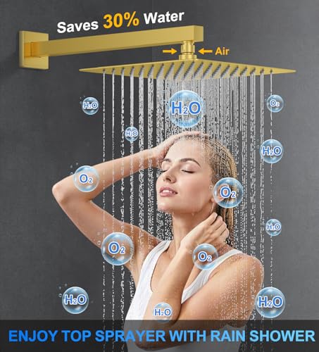 Image of Woindo Shower Faucet Set, 10 inch Wall Mount Rainfall Shower System with 2 Rain Shower Head and Multi-function Handheld Head Push Button Diverter Shower Faucet Trim Kit