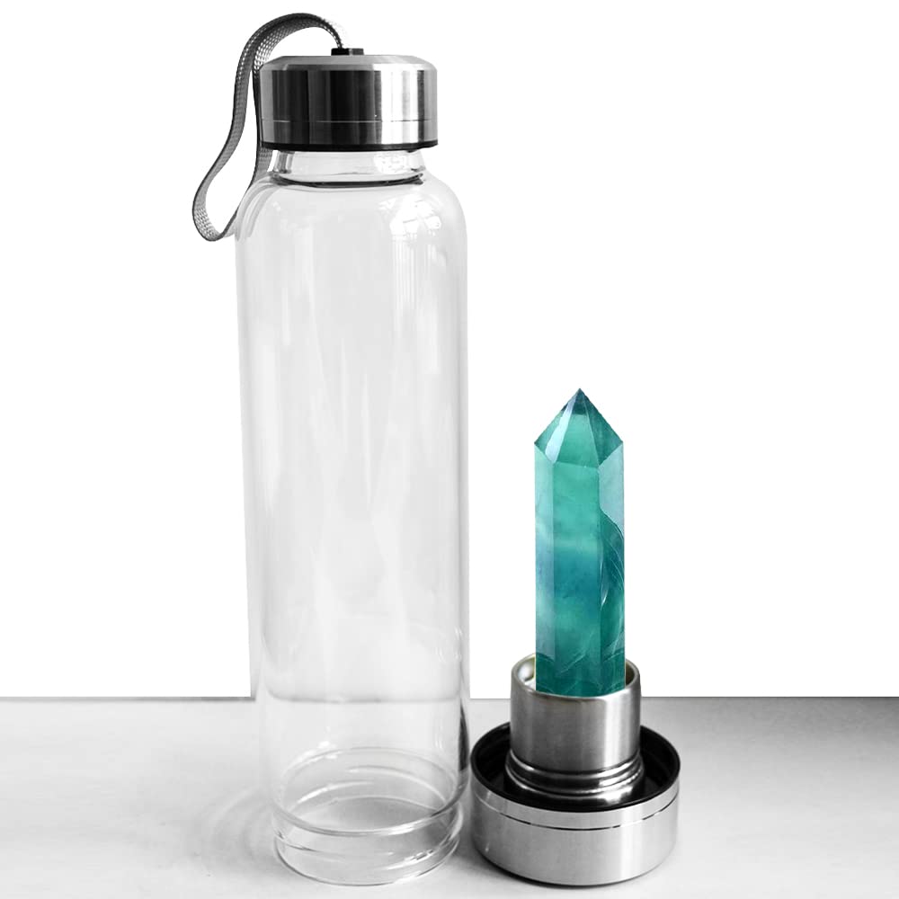 Tyuodna Bouteille d'eau en cristal de quartz naturel amovible Bouteille d'eau en verre de quartz naturel Bouteille d'eau de guérison en quartz naturel Portable Antifuite 550 ml (fluorite