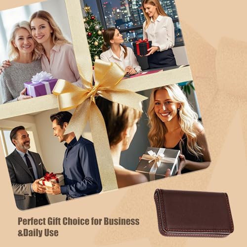 Image of Business Card Holder PU Leather with Magnetic Closure, Slim Pocket Name Card Case for Men & Women, Professional Card Wallet for Office & Travel (Brown)