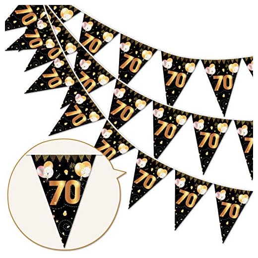 HOWAF 70 Cumpleaños Pancarta Triángulo Oro Negro,70 Cumpleaños Banderines Decoracion,70 Guirnalda Feliz cumpleaños de cumpleaños de 70 años de Aniversario para Hombres y Mujeres, 7.4 x 10.8 Pulgadas