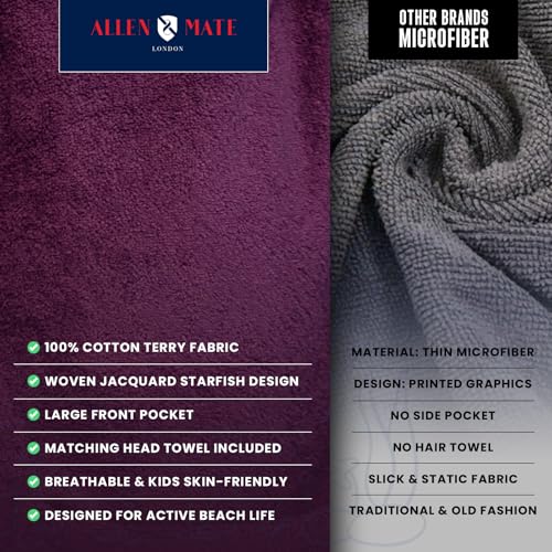 Image of ALLEN & MATE 100% Cotton Kids Hooded Surf Poncho Changing Robe, Quick Absorbent Wearable Swim Towel Boys & Girls, 6-13 Years