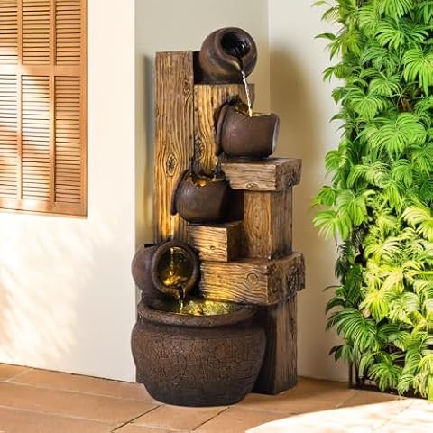 MAGIC UNION Outdoor Water Fountain Cascading Bowls and Stacked Stones LED 5 Tiers Modern Waterfall Fountain for for Gardens, Landscaping, Patios, Balconies, and Lawns (Gold) Cover