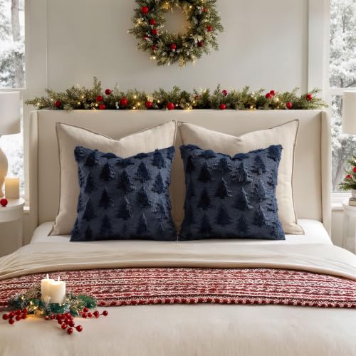 Image of MIULEE Christmas Throw Pillow Covers Navy Blue Christmas Decorations Set of 2 Xmas Tree 18x18 Pillow Covers Soft Plush Faux Wool Pillowcases Holiday Festivals Winter Home Decor Sofa Couch Bed Porch