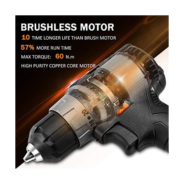 OUBEL Bürstenloser Akkuschrauber, 20V 60Nm Akku Bohrschrauber Brushless Set 25Pcs, Bohrschrauber, 60Min Ladegerät… – Bild 4