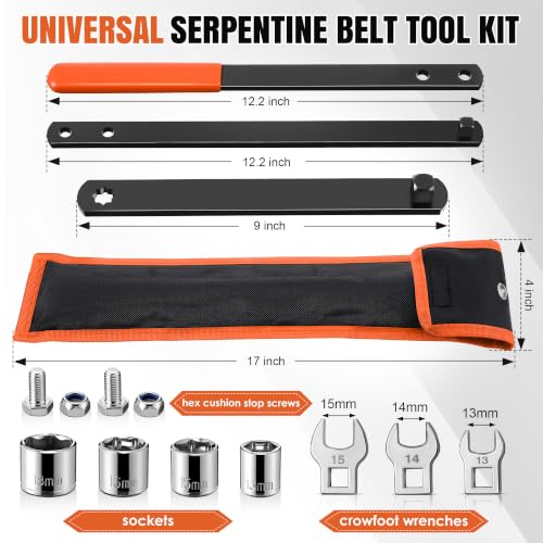 Image of Meonum Universal Serpentine Belt Tool Kit, Tensioner Wrench(Orange) | 3 /8 inch & 1 /2 inch Drive Belt Adjust Tightener Wrench Set, 4 Shallow Sockets, 3 Crowfoot, Removal Tool Auto Repair, Maintenance