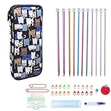 Teamoy Aluminum Tunisian Crochet Hooks Set, Afghan Kits with Case, 11pcs 2mm to 8mm Afghan Hooks and Accessories, Compact and Easy to Carry, Blue Cats