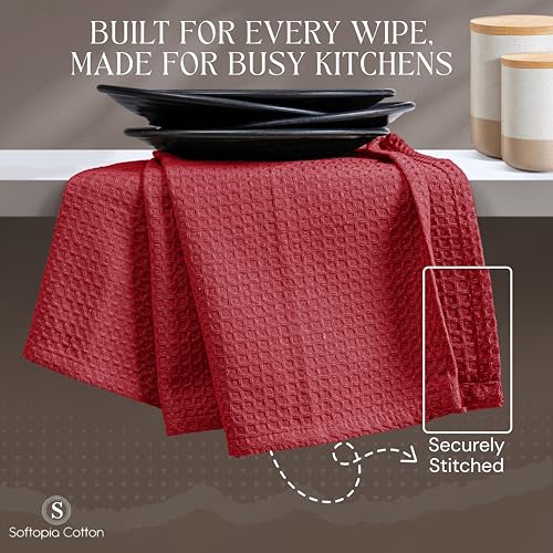 Image of Red Waffle Kitchen Towels, 100% Cotton, Quick Dry, Super Absorbent, Soft, Lint-Free, 16x26 Inches, with Hanging Loop - Ideal for Dish Drying, Bar, Tea, Cleaning & Everyday Use, 4 Pack