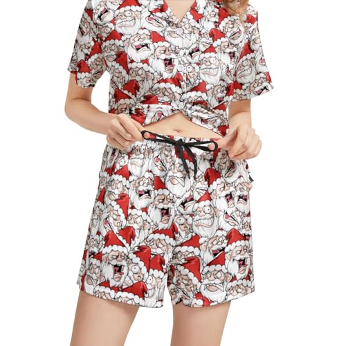Image of Funny Pajamas for Women Set Print Satin Loungewear Pjs Short Sleeve Button Down Top and Shorts Sets Sleepwear XS-3XL