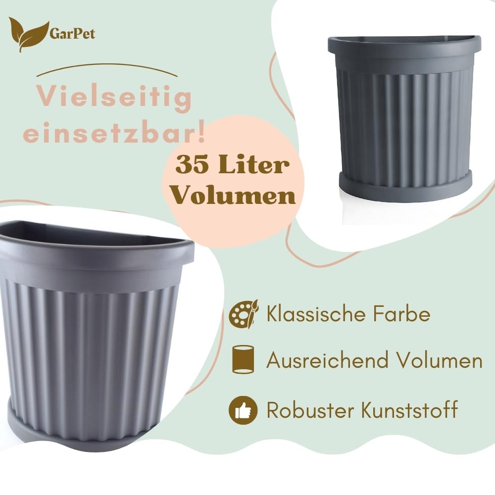 GarPet 2er Set Pflanzkübel Halbrund direkt an der Wand Pflanzkübel Groß Außen Blumenkübel Outdoor Pflanztopf Pflanzkasten Blumentopf 50 Grau