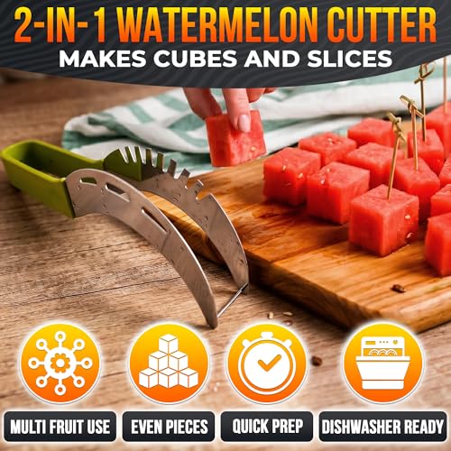 Image of 2-in-1 Watermelon Cutter Slicer Tool - Create Clean 1 inch Cubes & Slices with Watermelon Slicer for Cutting & Serving - Stainless Steel Fruit Cutter Kitchen Gadget for BBQ, Picnic, Camping & Snack Prep
