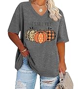 Plus Size V Neck Pumpkin T-Shirt Women Retro Graphic Halloween Tees Casual Loose Short Sleeve Fal...