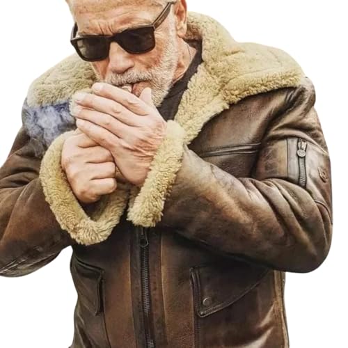 Men's Distressed Brown Genuine Cowhide B3 Arnold Aviator Army Vintage Sherpa Shearling Faux Fur Lined Leather Jacket