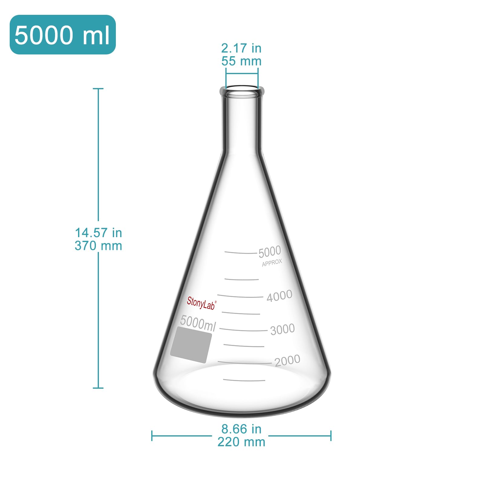 stonylab 1 opakowanie 50 ml Erlenmeyer kolba ze szkła, ciężka ściana i wąska usta, laboratorium kolben Erlenmeyer Flask z wytrzymałą krawędzią (5000 ml)