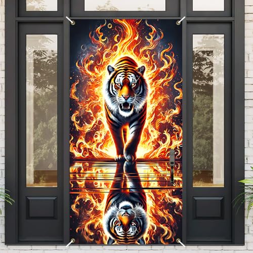 Image of Fire Tiger Door Cover Tapestry 35x70in Wall Hanging Poster Banner