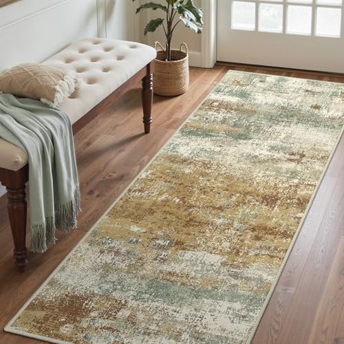 Image of BEIMO Runner Rug for Hallway Kitchen, 2'6 inchx6' Machine Washable Runners Rug for Entryway, Soft Modern Abstract Throw Rugs, Low Pile Floor Cover with Non Slip Backing, Orange Green
