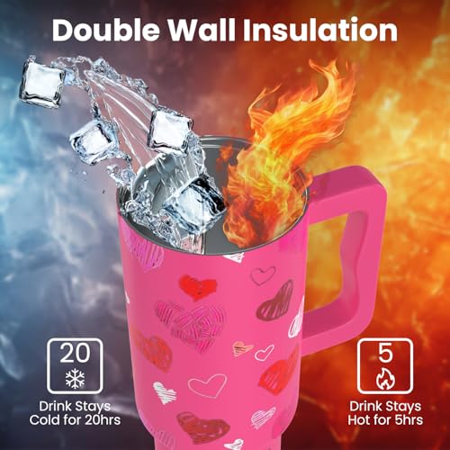 Image of enem Tumbler, Lovestruck, Tumbler with Metal Straw, Sipper, with Lid Leak Proof, 1 Metal Ice Cube, 1 Copper Spring (Tamba), Base Protector, Mug Travel, 1.2L (Pink)
